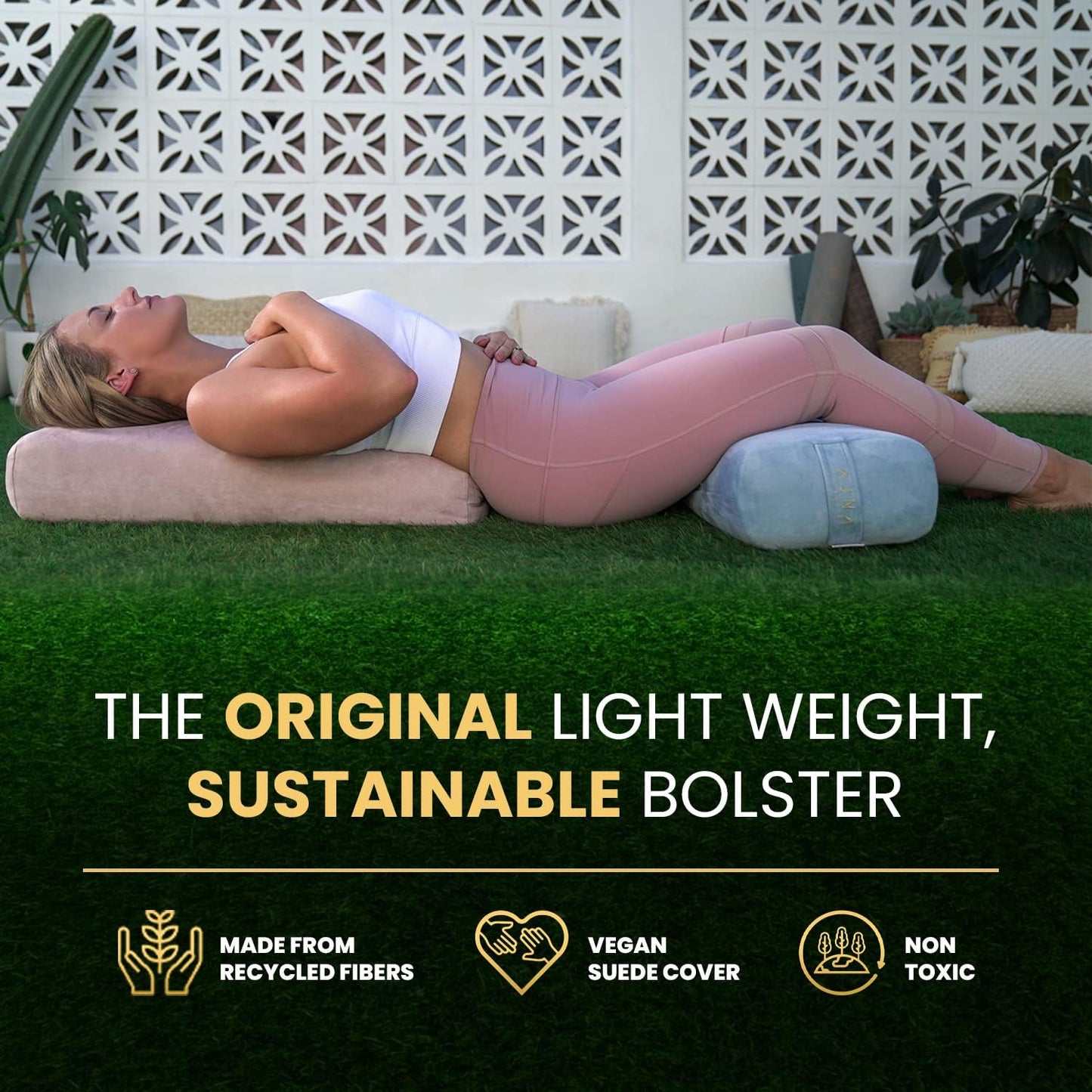 Luxurious Organic Vegan Suede Yoga Bolster Pillow - Rectangular with Carry Handle - Machine Washable Cover
