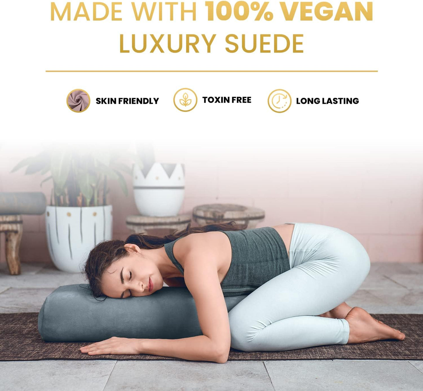 Luxurious Organic Vegan Suede Yoga Bolster Pillow - Rectangular with Carry Handle - Machine Washable Cover
